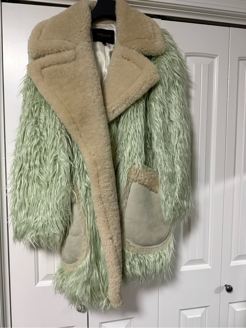 Coach shearling faux fur green coat.